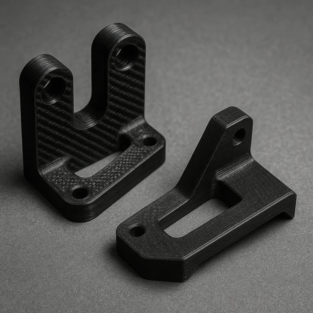 Two black metal brackets on a gray background