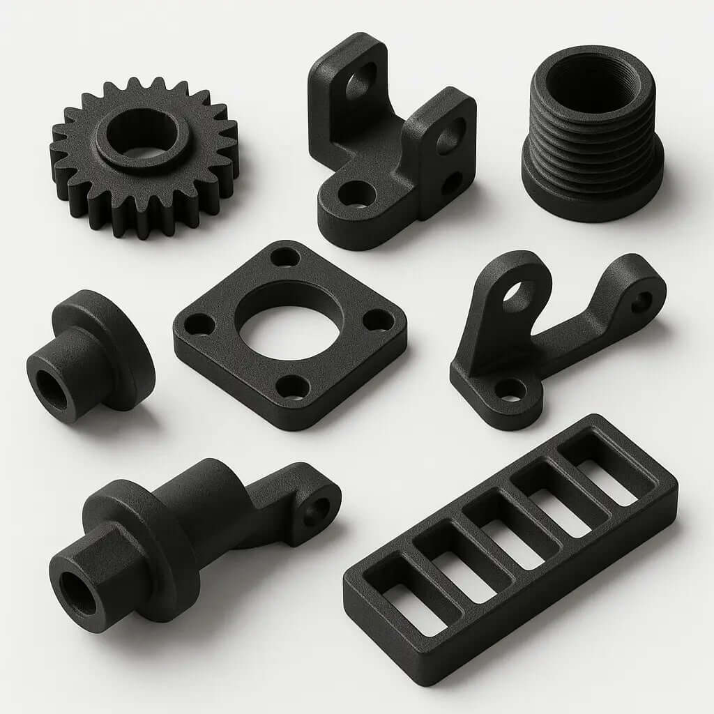 Olika svarta 3D-printade delar och komponenter som illustrerar kostnaden för 3D-printing. Vad kostar en 3D-print.