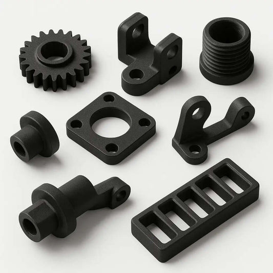Olika svarta 3D-printade delar och komponenter som illustrerar kostnaden för 3D-printing. Vad kostar en 3D-print.