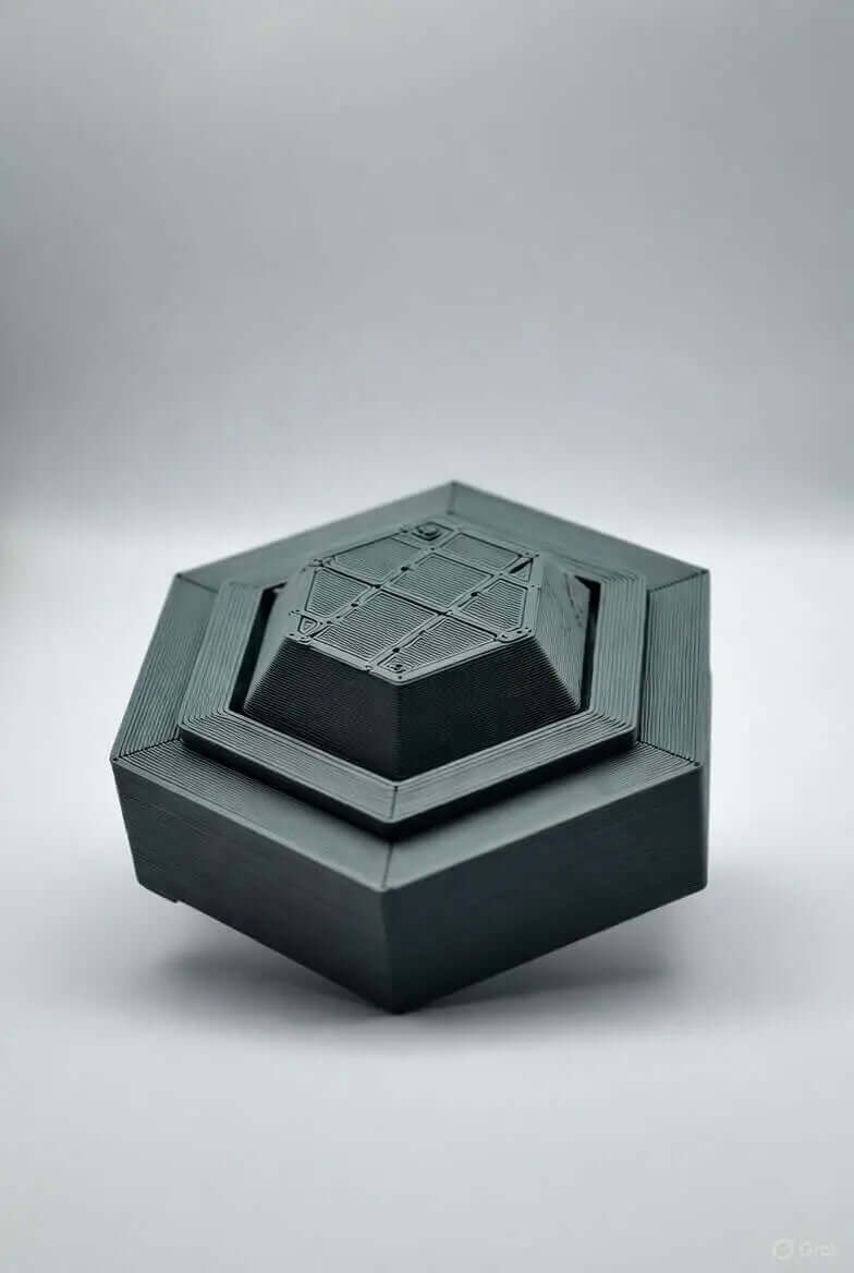 A 3D print of a hexagonal box with intricate details and a sleek black finish.