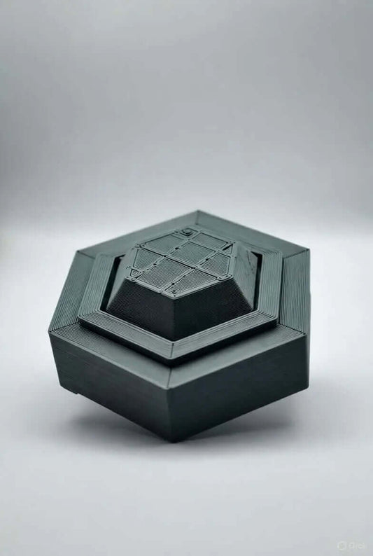 A 3D print of a hexagonal box with intricate details and a sleek black finish.