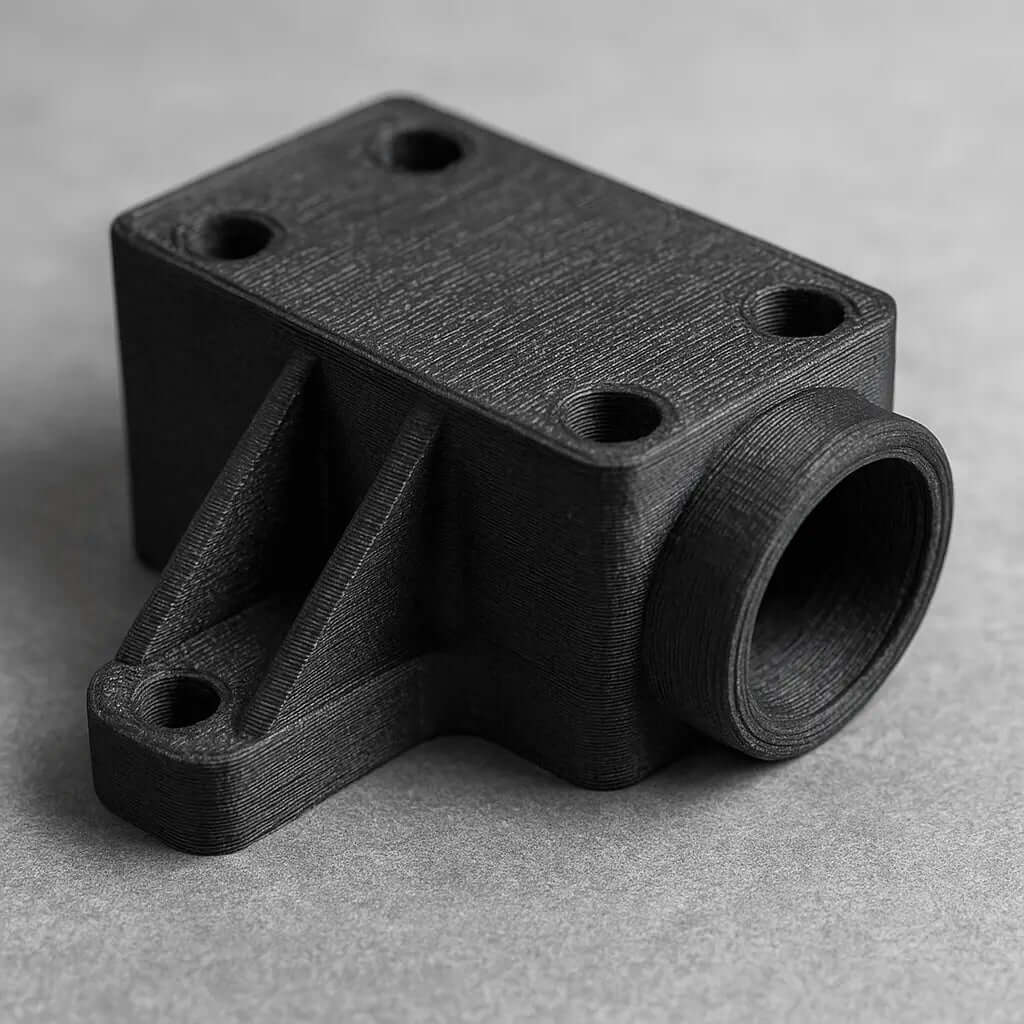 3D printed black STL model of a mechanical part with precise details and holes for assembly.