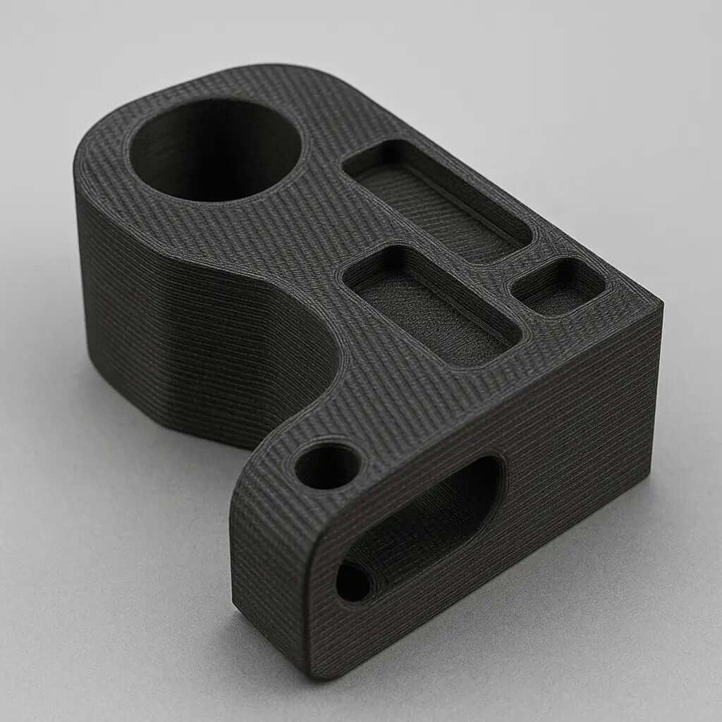 3D-tryckt del i svart, som illustrerar val av 3D material för utskriftsprojekt.