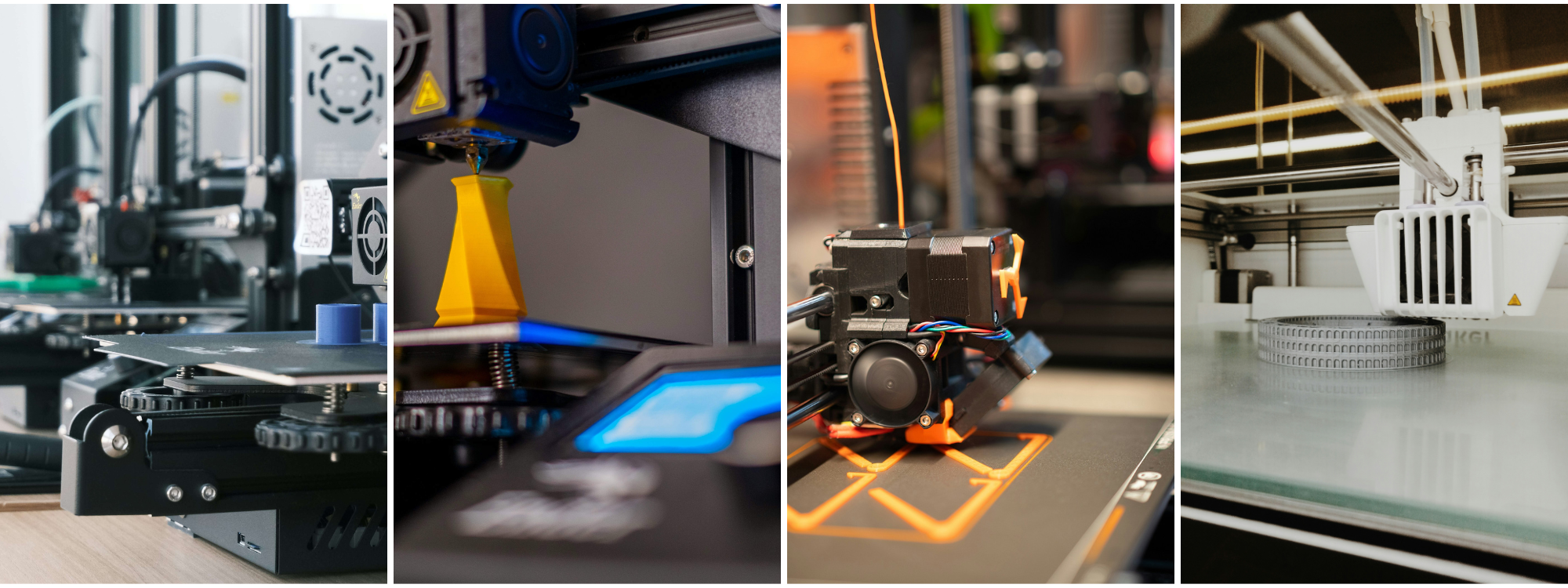 Collage of a 3D printer in various stages of operation.