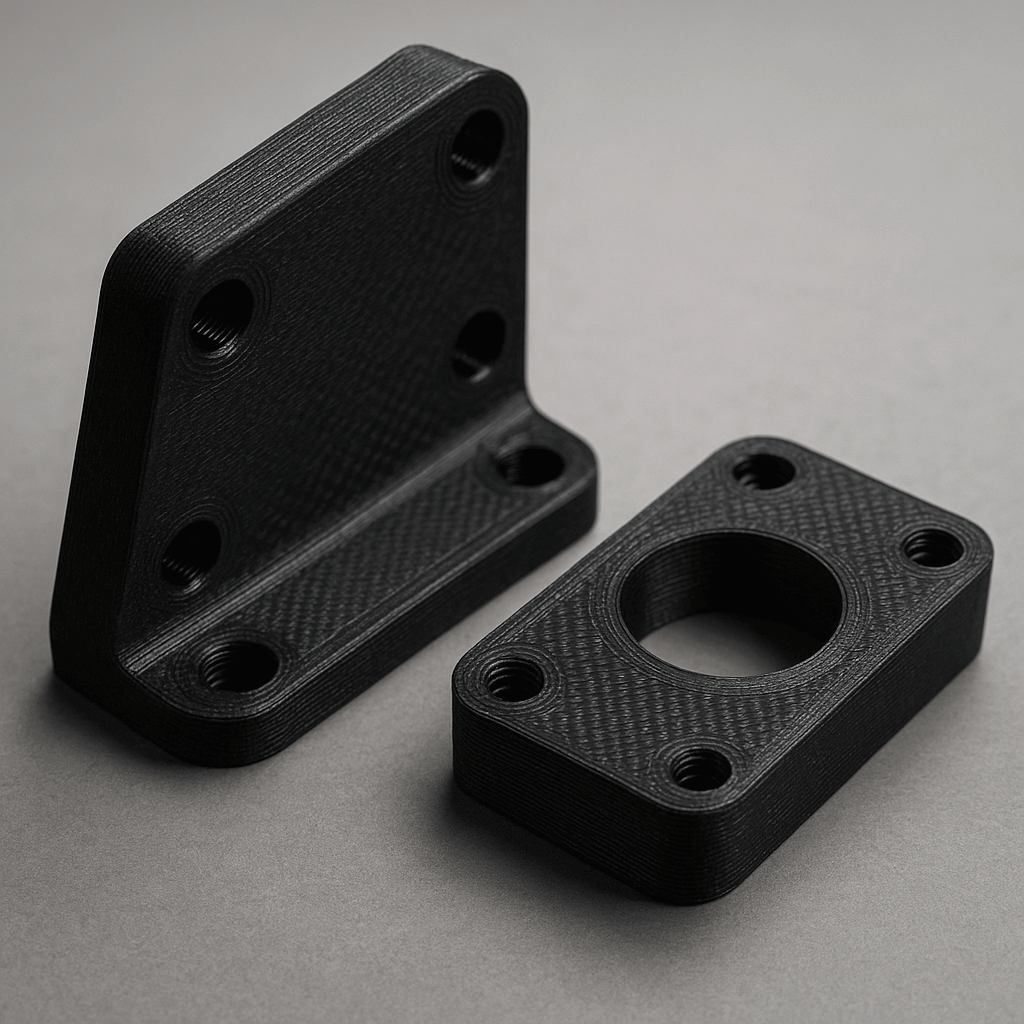 Two black 3D-printed components on a gray background