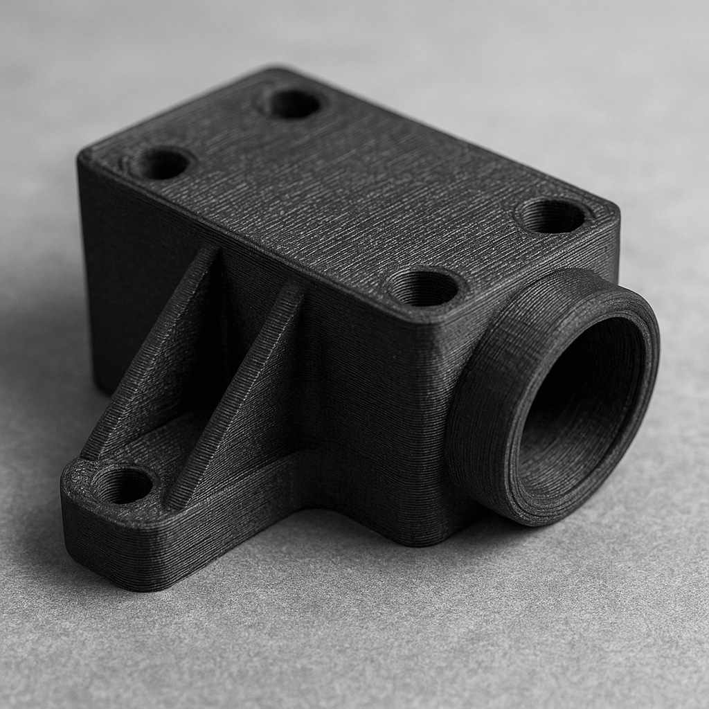 Black 3D-printed mechanical component on a gray background