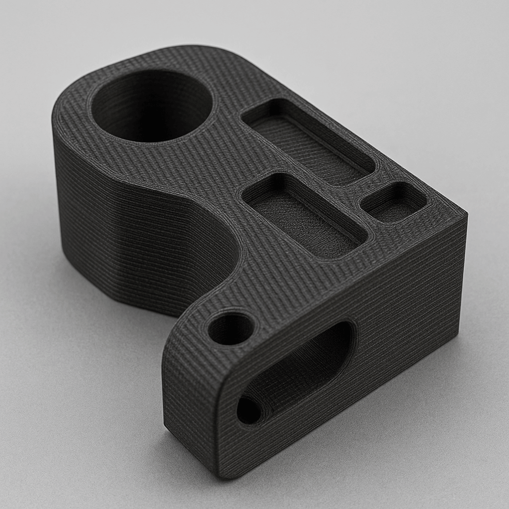 Black 3D-printed object with multiple holes on a gray background