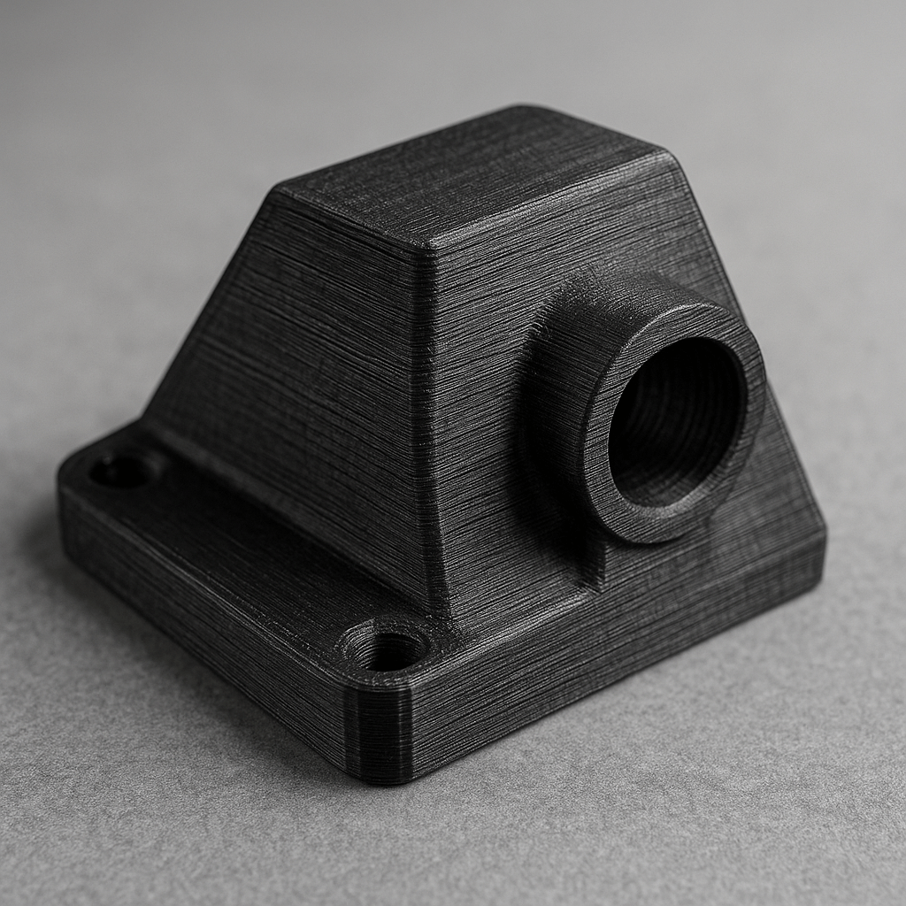 Black 3D-printed mechanical component on a gray background